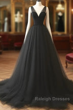 V Neck Black Tulle A Line  Prom Dress