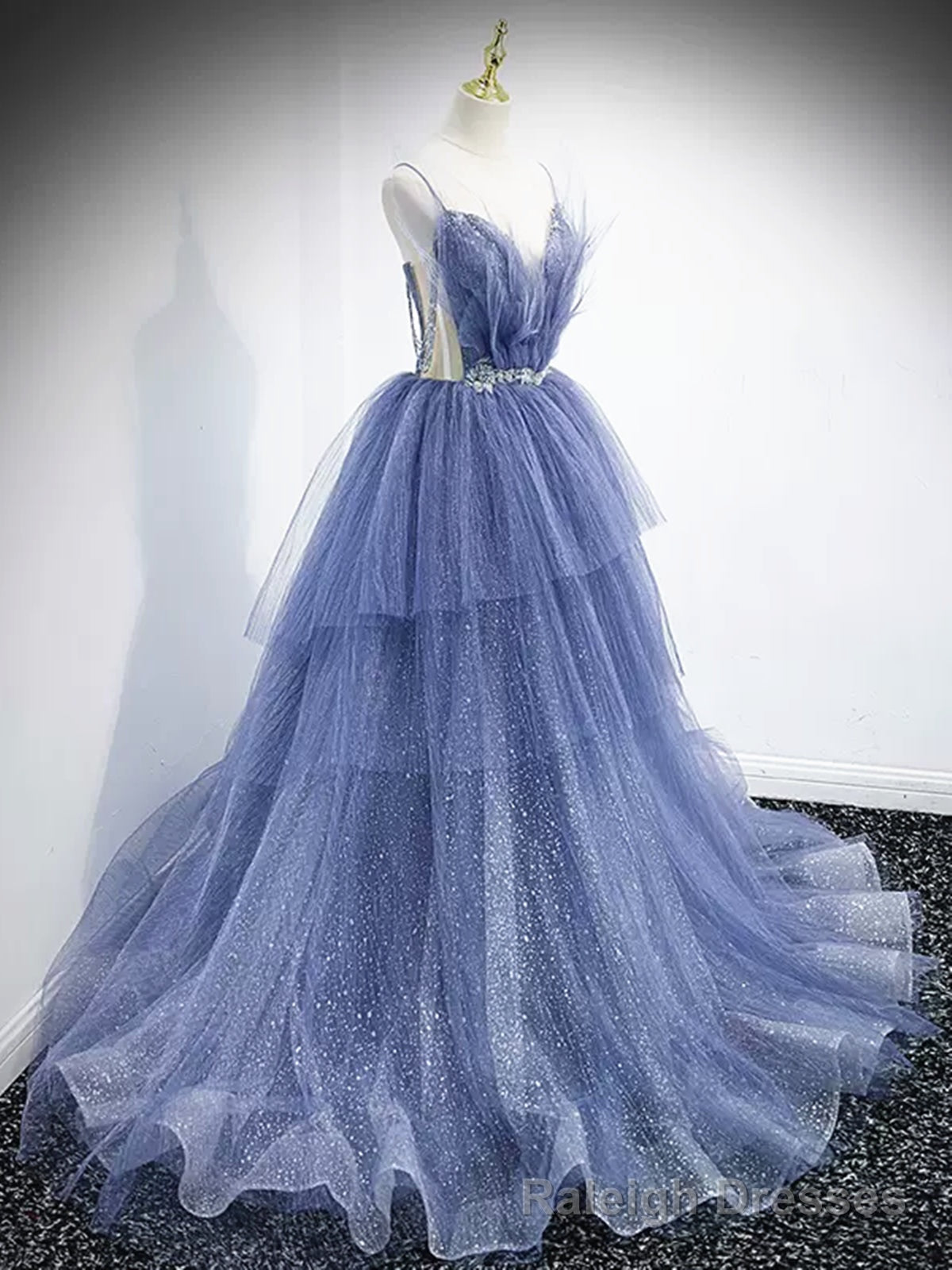 V Neck Blue Beaded Layered Long Prom Dresses, Blue High Low Formal Graduation Dresses Main image