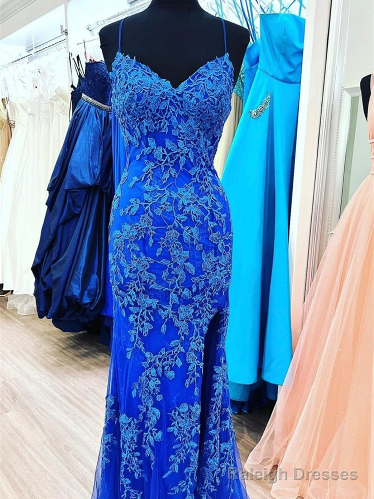 V Neck Blue Lace Mermaid Prom Dresses, Blue Mermaid Lace Formal Graduation Dresses Main image