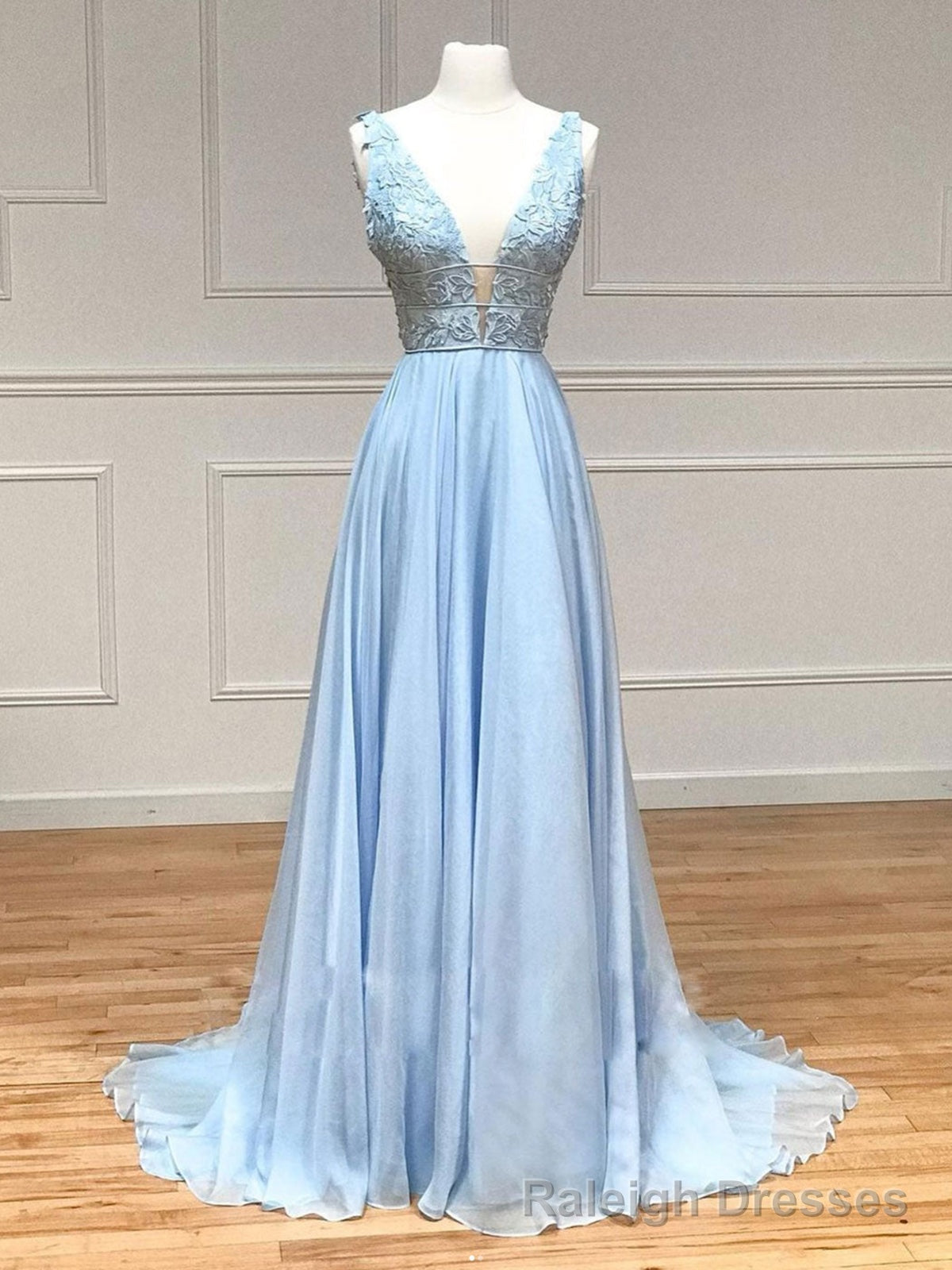 V Neck Blue Lace Prom Dresses, Blue V Neck Lace Formal Graduation Dresses Main image