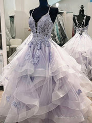 V Neck Blue Lace Puffy Long Prom Dresses, Blue Lace Long Puffy Formal Evening Dresses