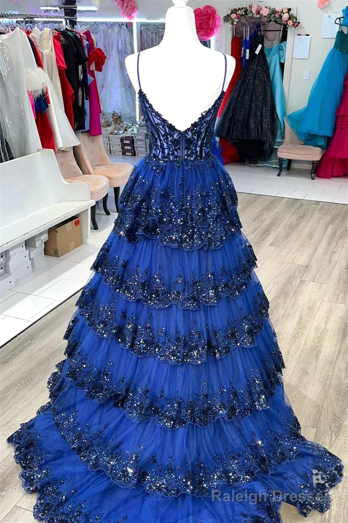 V Neck Blue White Red Layered Lace Prom Dresses, V Neck Blue White Red Lace Formal Evening Dresses Secondary image