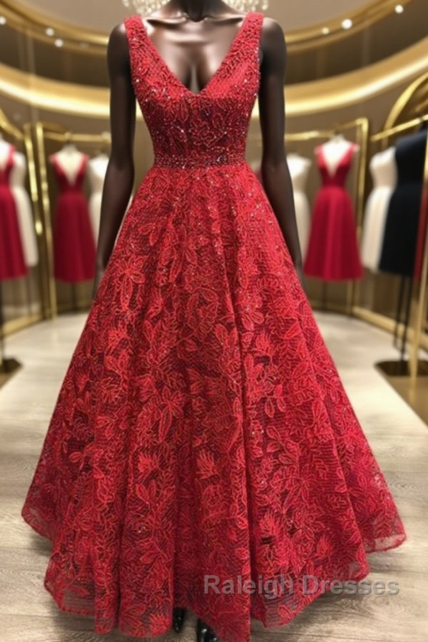 V Neck Burgundy Lace Long Prom Dresses, Burgundy Lace Formal Dresses, Burgundy Evening Dresses Main image