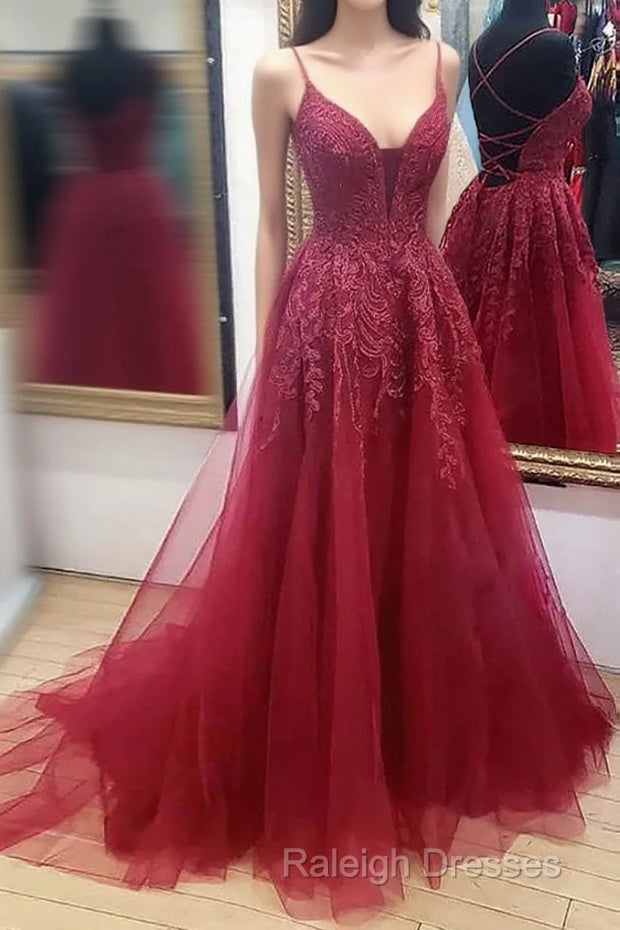 V Neck Burgundy Lace Prom Dresses Long, Wine Red V Neck Lace Long Formal Evening Dresses Main image
