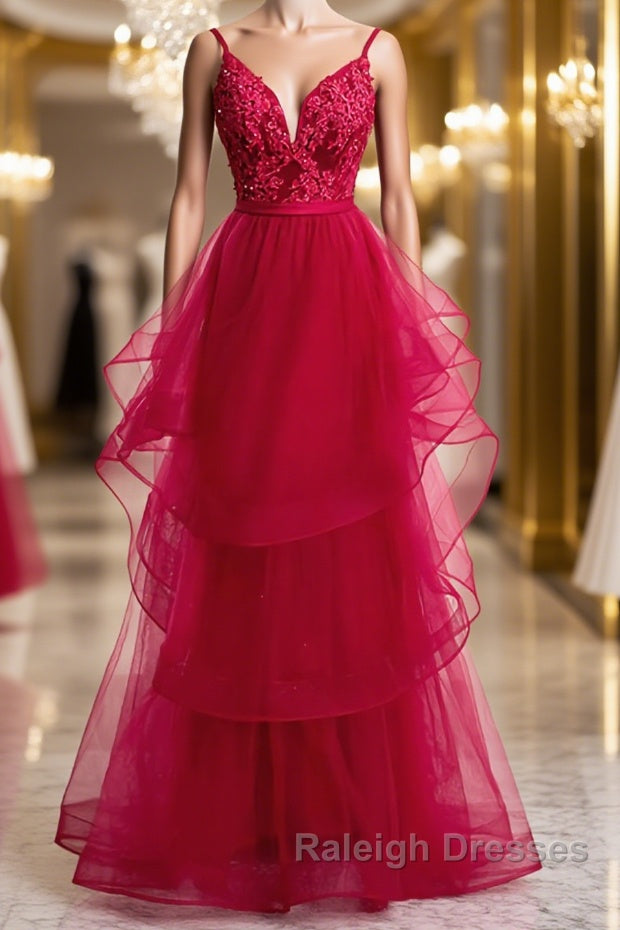 V Neck Burgundy Lace Prom Dresses, Wine Red Lace Formal Evening Graduation Dresses Main image