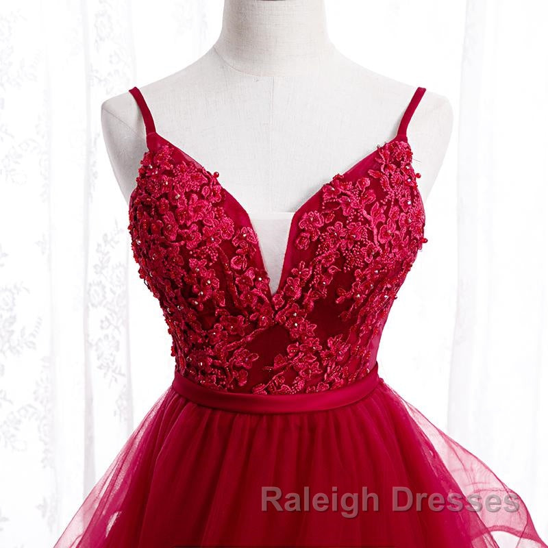 V Neck Burgundy Lace Prom Dresses, Wine Red Lace Formal Evening Graduation Dresses