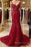 V Neck Burgundy Mermaid Lace Prom Dresses, Wine Red Mermaid Lace Formal Bridesmaid Dresses