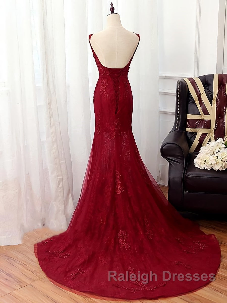 V Neck Burgundy Mermaid Lace Prom Dresses, Wine Red Mermaid Lace Formal Bridesmaid Dresses Secondary image