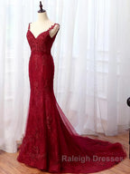 V Neck Burgundy Mermaid Lace Prom Dresses, Wine Red Mermaid Lace Formal Bridesmaid Dresses