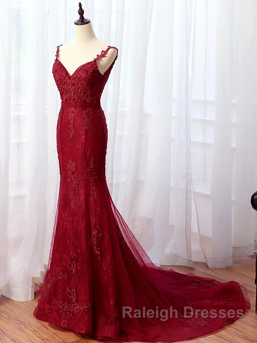 V Neck Burgundy Mermaid Lace Prom Dresses, Wine Red Mermaid Lace Formal Bridesmaid Dresses