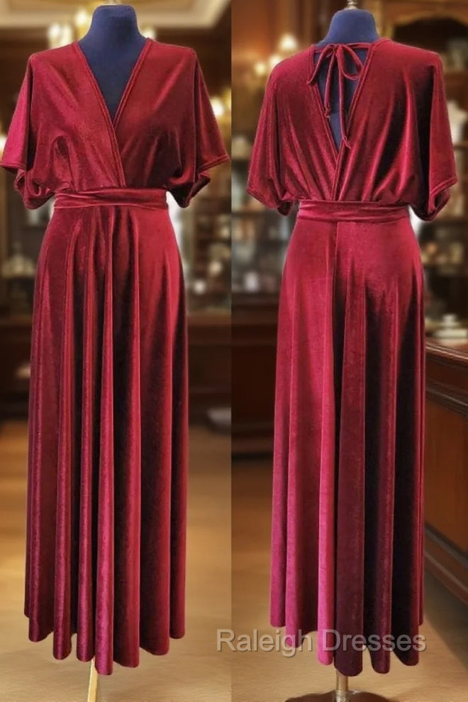 V-Neck Burgundy Velvet Long Bridesmaid Dress