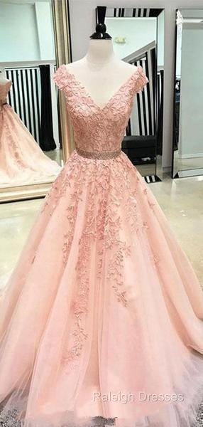 V Neck Cap Sleeves Peach Lace A-Line Long Evening Prom Dresses