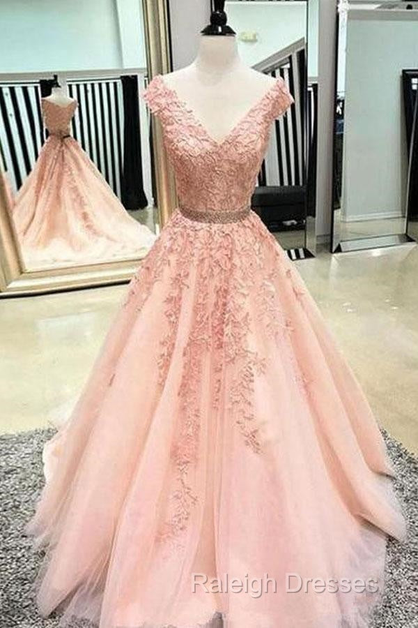 V Neck Cap Sleeves Peach Lace A-Line Long Evening Prom Dresses