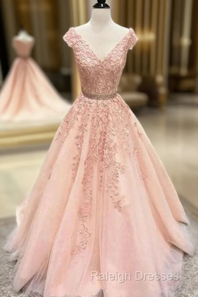 V Neck Cap Sleeves Peach Lace A-Line Long Prom Dress