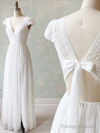 V Neck Cap Sleeves White Long Lace Prom Dress Cap Sleeves White Lace Wedding Prom Dress
