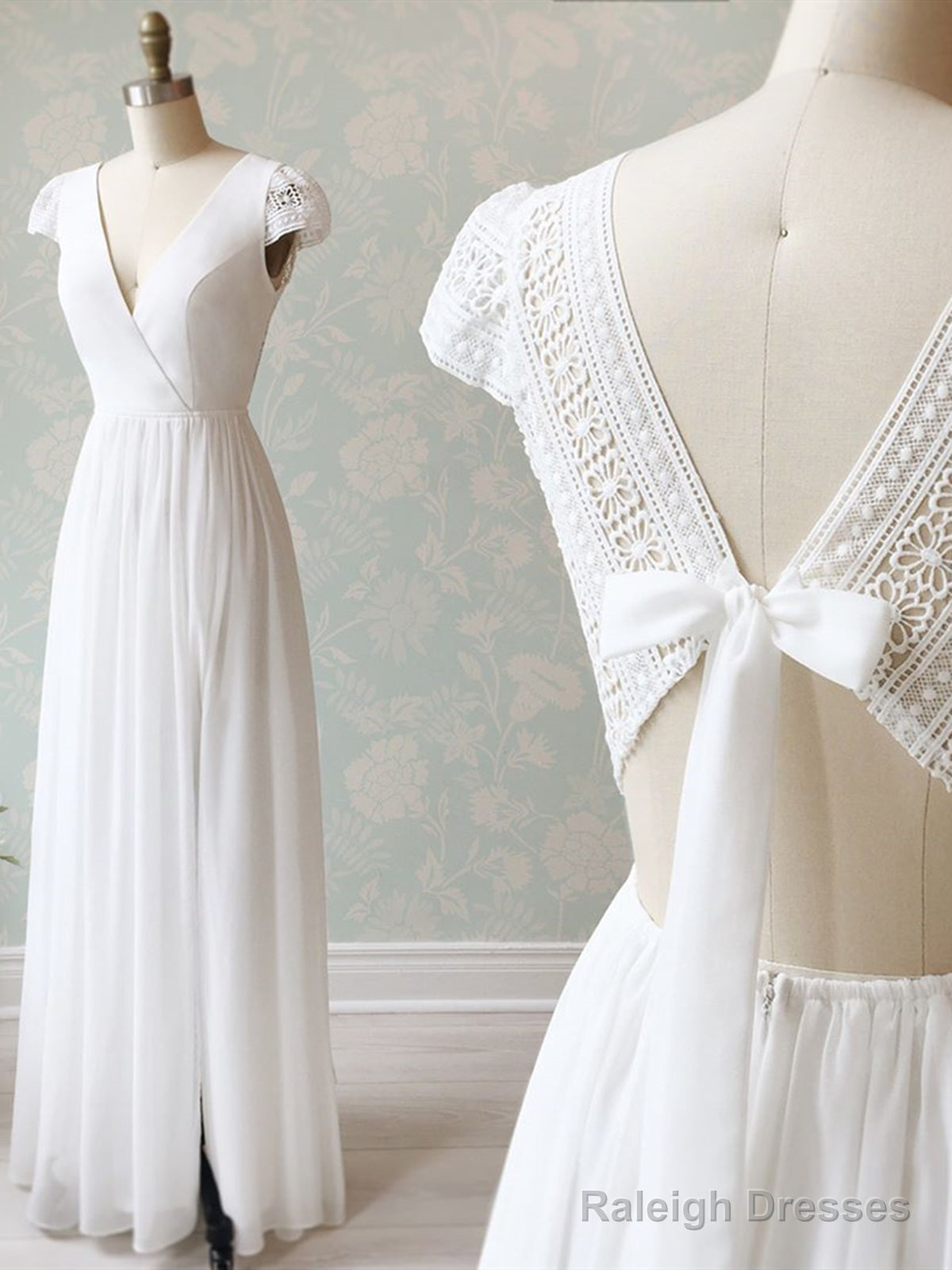 V Neck Cap Sleeves White Long Lace Prom Dress Cap Sleeves White Lace Wedding Prom Dress