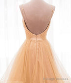 V Neck Champagne Backless Wedding Dresses, Champagne Backless Prom Dresses, Formal Dresses