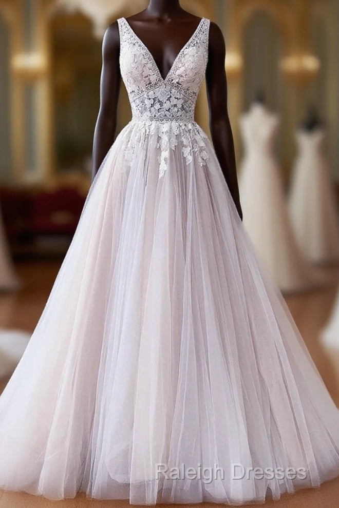 V Neck Champagne Lace Wedding Dresses, V Neck Champagne Lace Formal Prom Dresses Main image