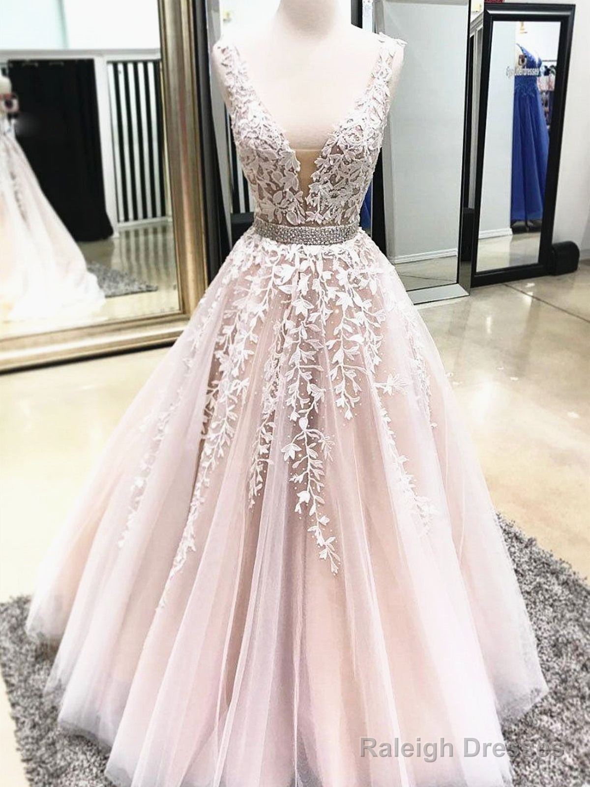 V Neck Champagne Lace Wedding Dress V Neck Champagne Lace Prom Dress Long Main image
