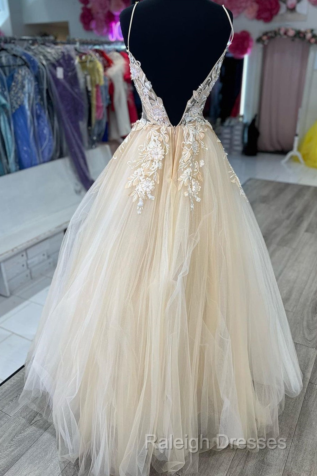 V Neck Champagne Tulle Lace Wedding Dresses, Champagne Tulle Lace Formal Prom Dresses