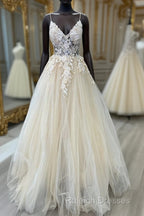 V Neck Champagne Tulle Lace Wedding Dresses, Champagne Tulle Lace Formal Prom Dresses