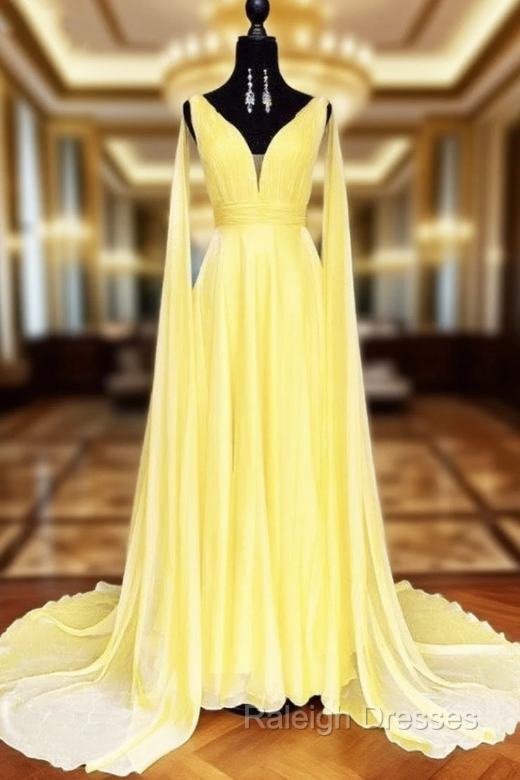 V-neck Chiffon Long Prom Dresses, A-line Prom Dresses Main image