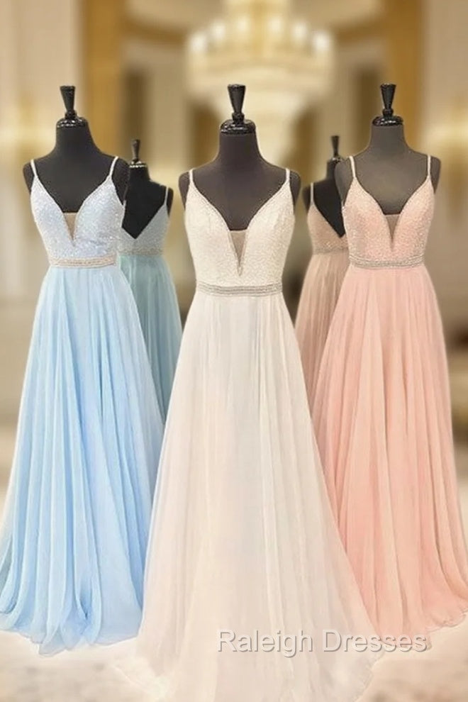 V Neck Chiffon Sequin Long Prom Dress, Cute Formal Dress