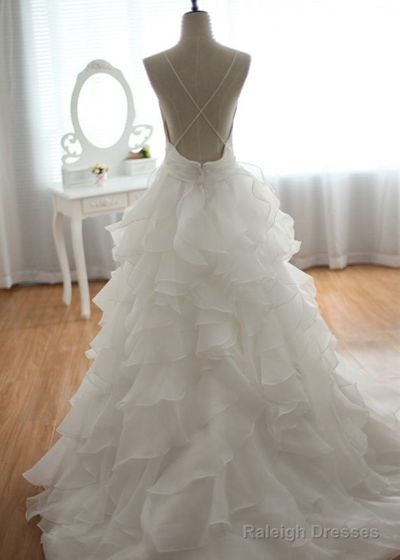 V Neck Court Train Backless White Wedding Dresses Backless Wedding Prom Gown Secondary image