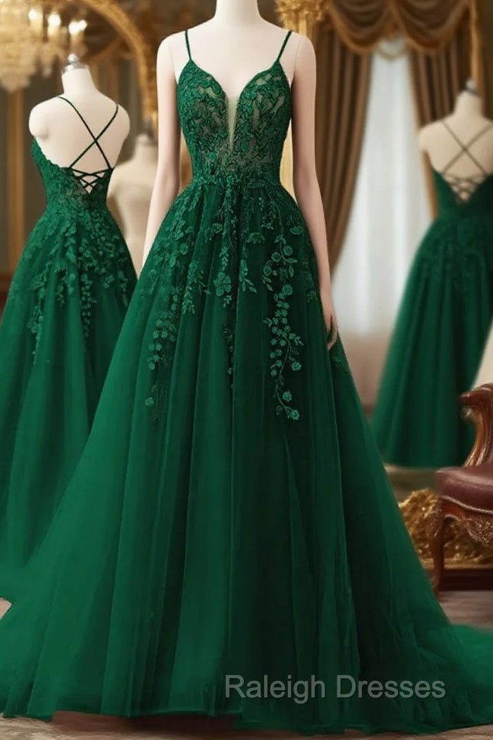 V Neck Dark Green Lace Long Prom Dresses, V Neck Dark Green Lace Long Formal Evening Dresses