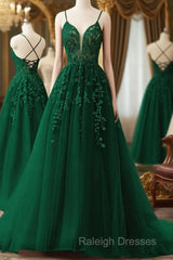 V Neck Dark Green Lace Long Prom Dresses, V Neck Dark Green Lace Long Formal Evening Dresses