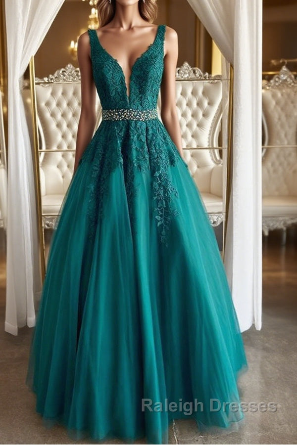 V Neck Dark Green Lace Prom Dresses, Dark Green Lace Formal Evening Dresses