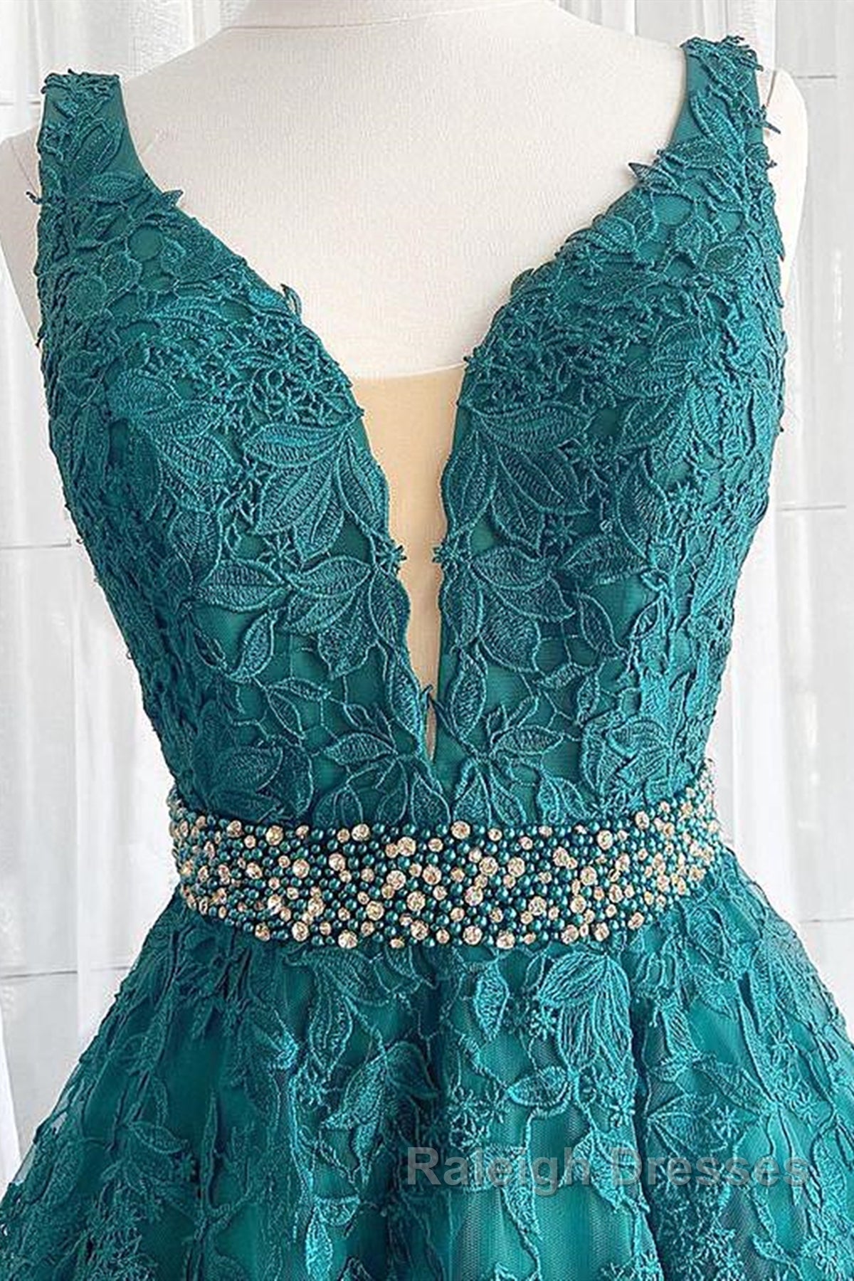 V Neck Dark Green Lace Prom Dresses, Dark Green Lace Formal Evening Dresses Secondary image