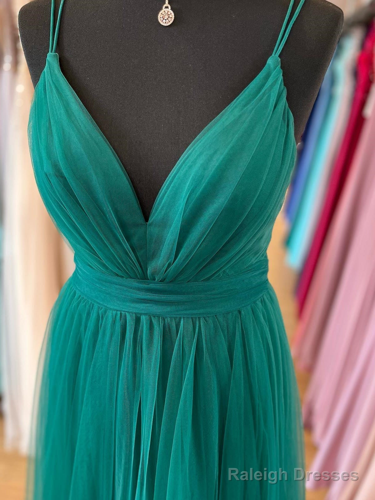V Neck Dark Green Tulle Long Prom Dresses, V Neck Green Tulle Long Formal Evening Dresses Secondary image
