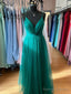 V Neck Dark Green Tulle Long Prom Dresses, V Neck Green Tulle Long Formal Evening Dresses