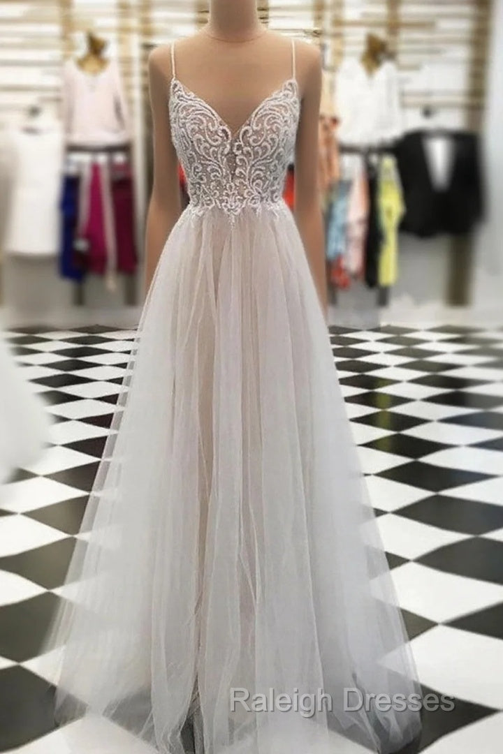 V Neck Floor Length Champagne Lace Prom Dress Champagne Lace Wedding Dress Prom Dress Main image