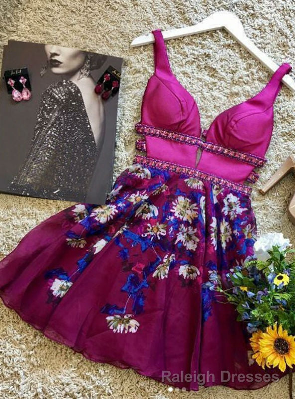 V Neck Floral Homecoming Dresses Ball Gown Fuchsia Main image