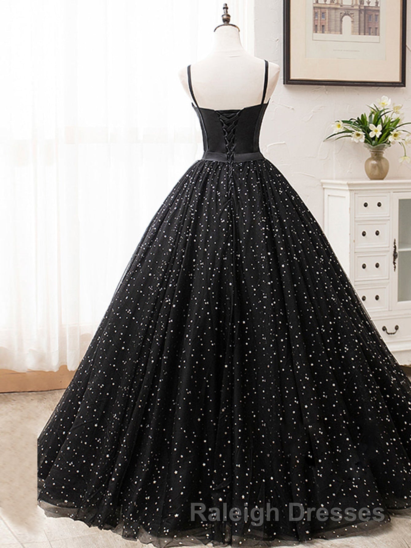 V Neck Glitter Black Long Prom Dresses