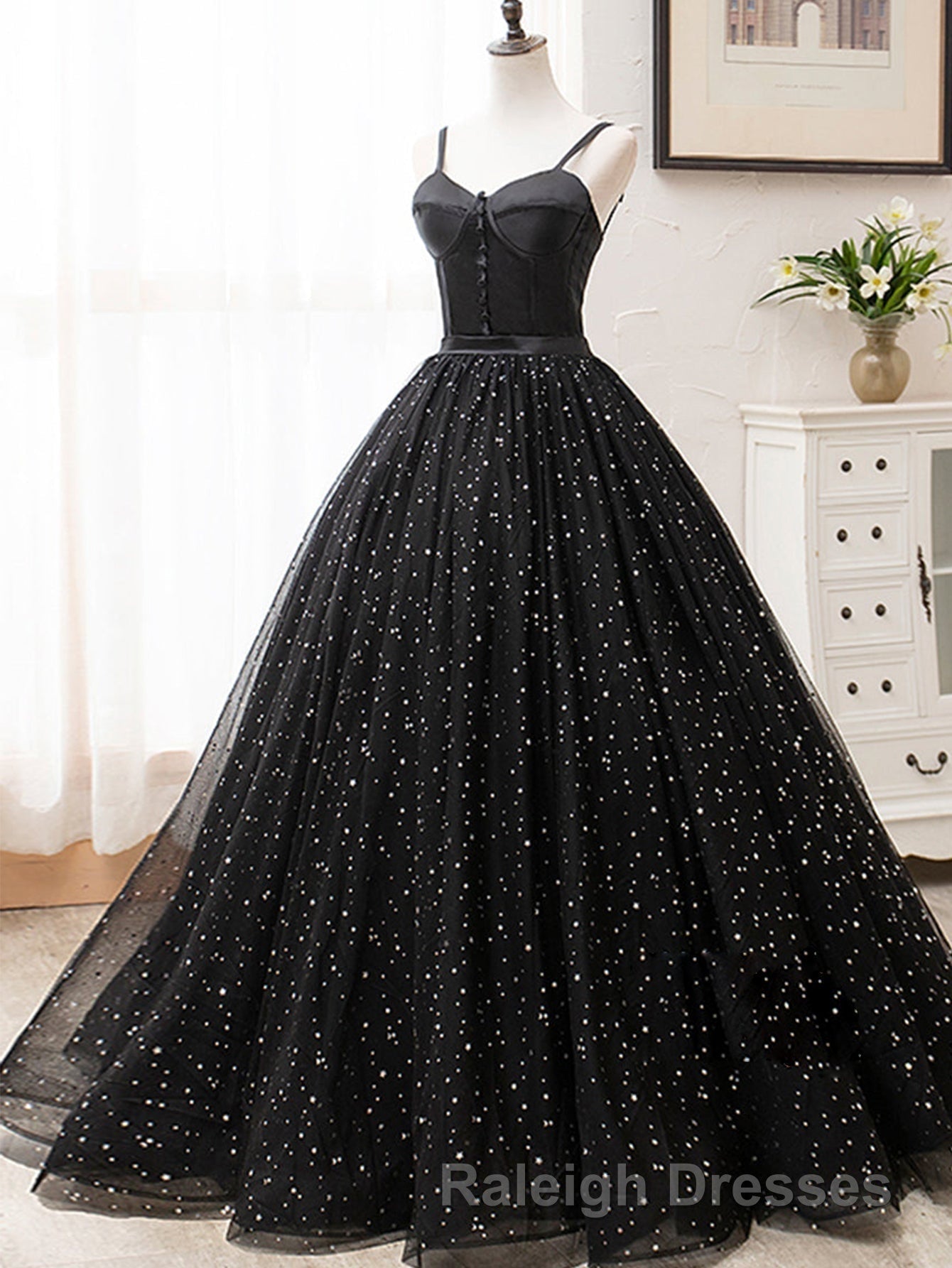 V Neck Glitter Black Long Prom Dresses