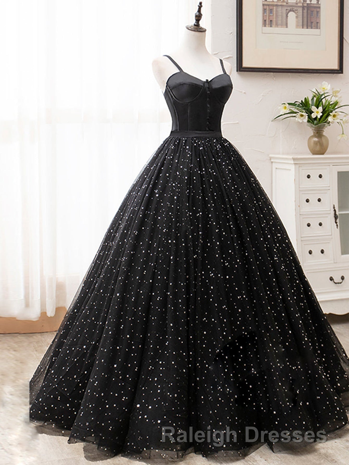 V Neck Glitter Black Long Prom Dresses
