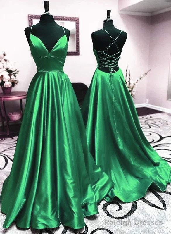 V Neck Green Backless Long Prom Dresses, Open Back Green Long Formal Dresses Main image