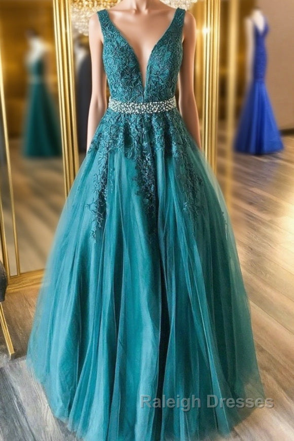 V Neck Green Lace Long Prom Dress with Beaded Belt, Long Green Lace Formal Evening Dress Main image