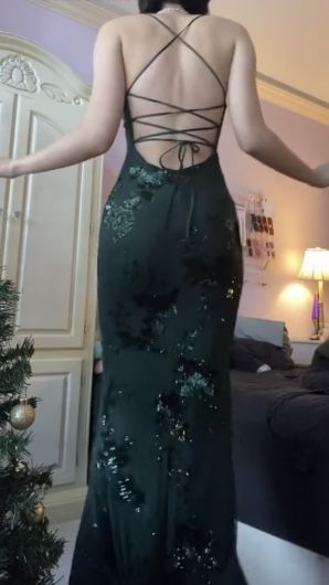 V Neck Green Prom Dress Prom Gown With Sequin Appliques