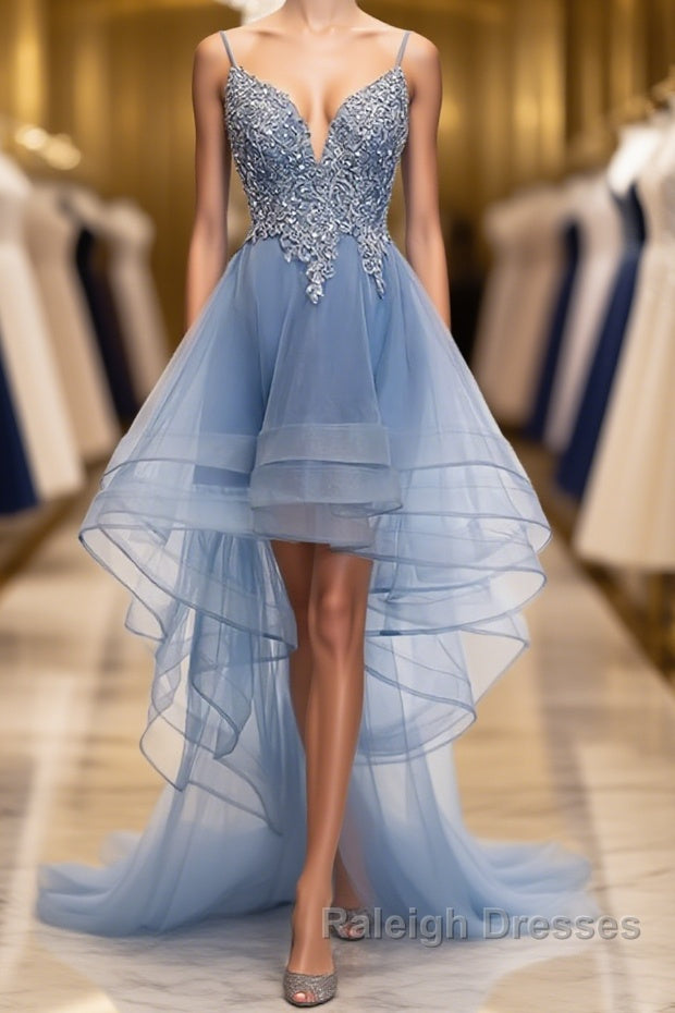 V Neck High Low Blue Lace Prom Dresses, Blue Lace High Low Formal Evening Graduation Dresses Main image