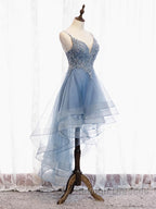V Neck High Low Blue Lace Prom Dresses, Blue Lace High Low Formal Evening Graduation Dresses