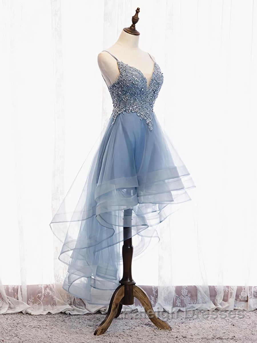 V Neck High Low Blue Lace Prom Dresses, Blue Lace High Low Formal Evening Graduation Dresses