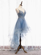 V Neck High Low Blue Lace Prom Dress Blue Lace High Low Prom Graduation Dress