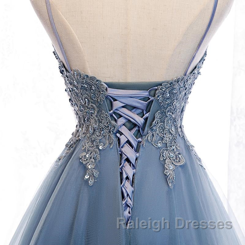 V Neck High Low Blue Lace Prom Dress Blue Lace High Low Prom Graduation Dress