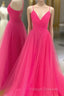 V Neck Hot Pink Backless Prom Dresses, Open Back Hot Pink Long Formal Dresses