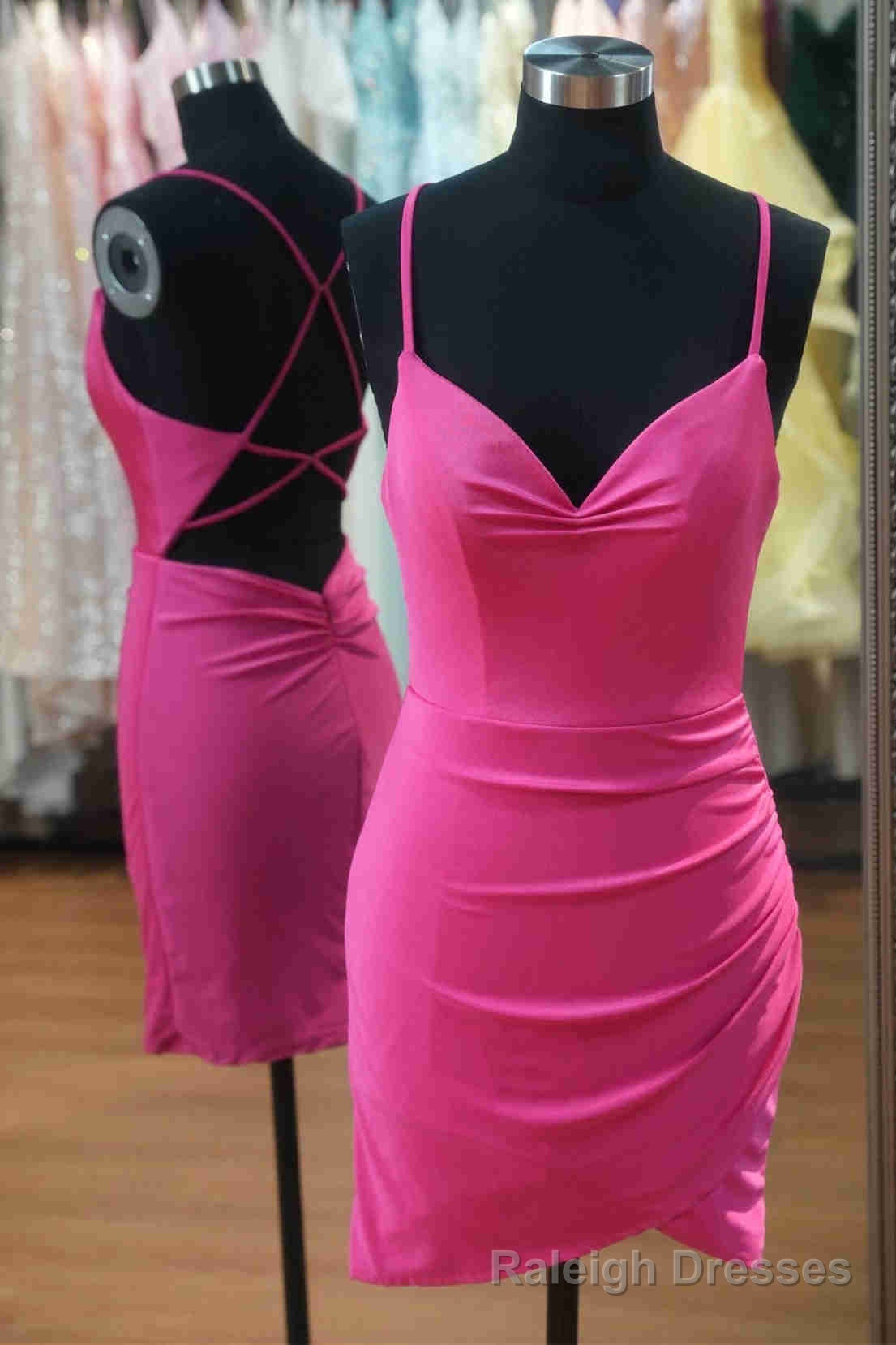 V-Neck Hot Pink Pleated Bodycon Homecoming Dress Main image