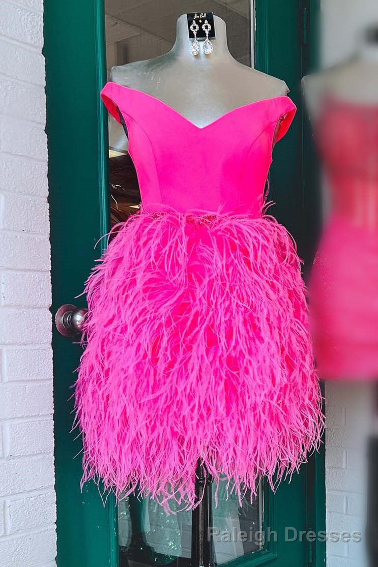 V Neck Hot Pink Tight Homecoming Dress with Feathered Skirt Secondary image